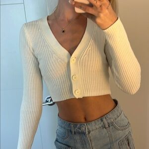 Cream Ribbed Cropped Cardigan